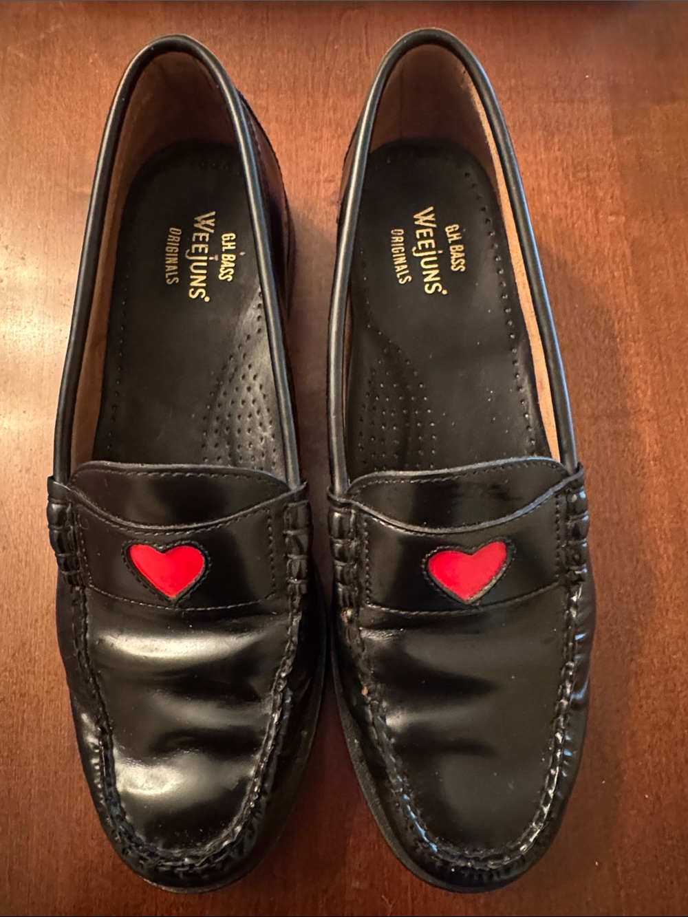 Weejuns Women's Black Leather Penny Loafers with Red Heart Accent